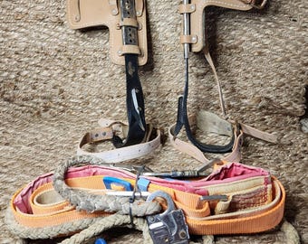 Vintage boomklimsteiger set spoorstangen klimmer met veiligheidskoord Power Belt