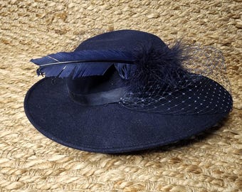 Vintage Blue Feather Bow Felt Women