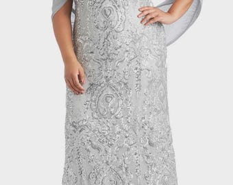 R&M Richards Womens Plus 16W Silver Beaded Sheer Wrap Gown One Piece Bride Dress