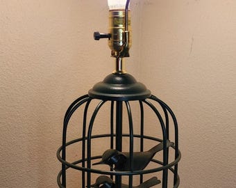 Vintage 1960s Steel Rod Hunter Green Birdcage Table Lamp 2 Stylized Birds