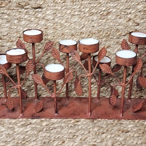 Vtg. Rustic Red Metal Primitive Leaves 16 Tealight Candle Holder Home Decor 24&quot;