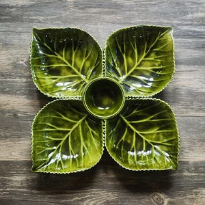 Vintage Green Ceramic 4 Leaf Decorative Serving Cabbage Platter Chips And Dip