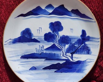 19th Century Blue White Chinese Porcelain Charger Platter Hand Painted 12.25"