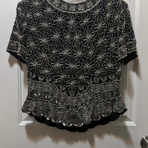 Adrianna Papell Black Silk Sequin Beaded Top Shirt Womens L Evening Cocktail image 1