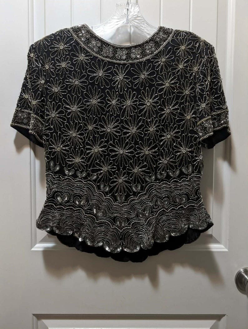 Adrianna Papell Black Silk Sequin Beaded Top Shirt Womens L Evening Cocktail image 1