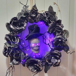 Halloween Purple LED Black Grapevine Wreath Silver Skull Flowers Branches 16&quot;