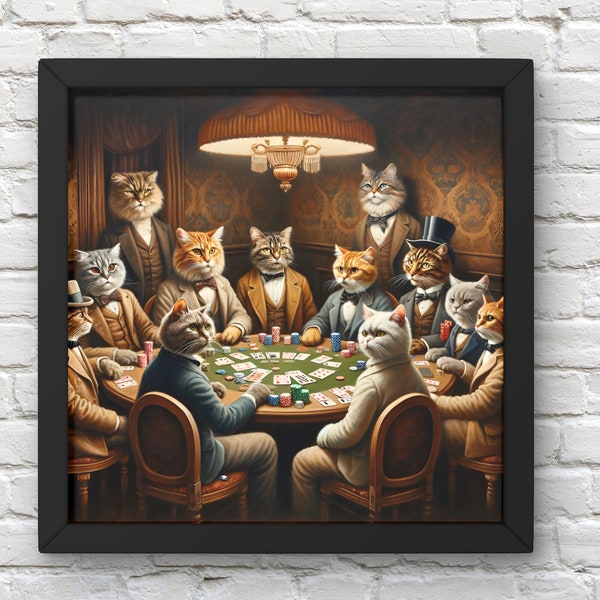 Cats Playing Poker Download Printable Hi-res PNG, oil paint style of downloadable art! Eclectic style for retro home