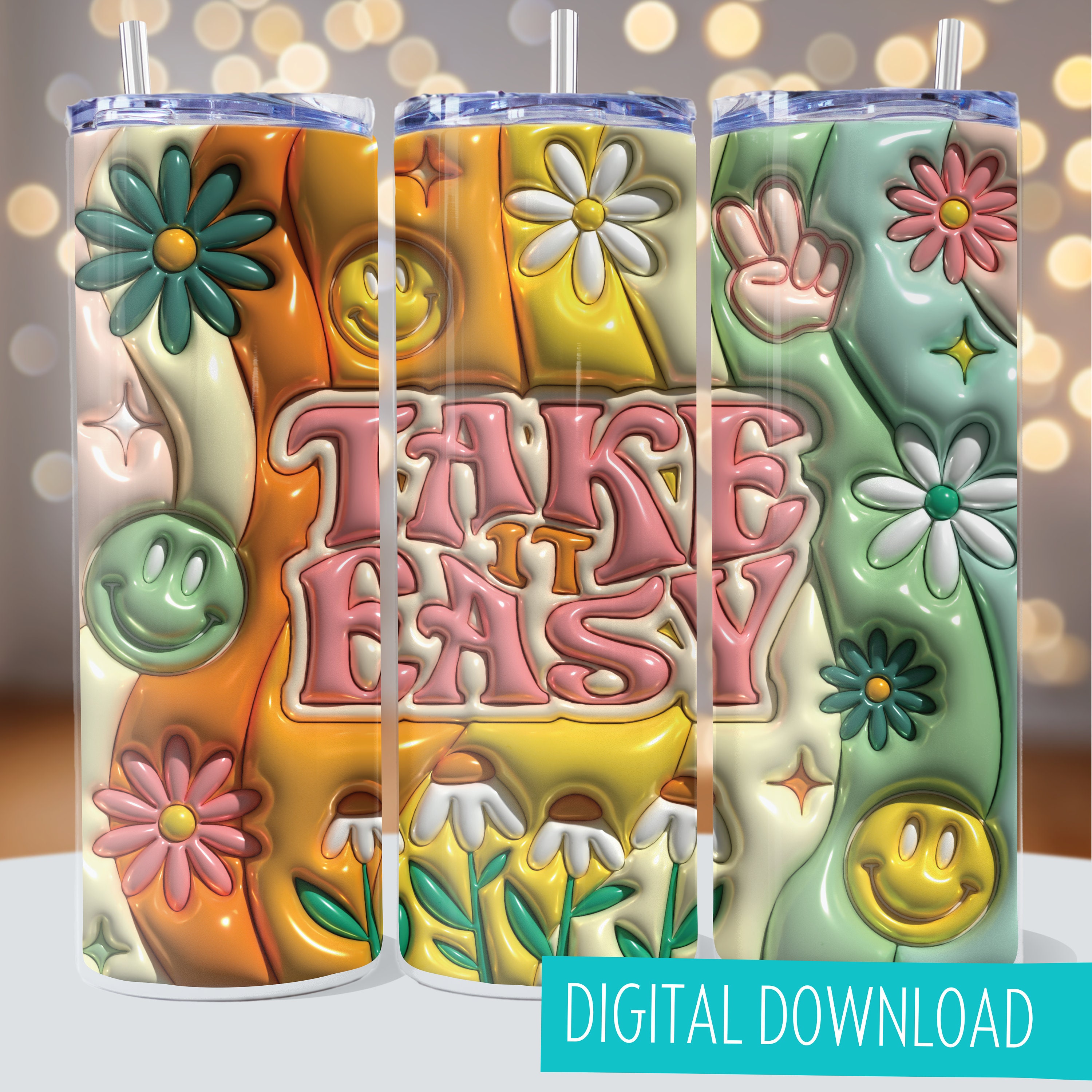 Gobelet rétro gonflé 3D, gobelet super 3D soufflé 20 oz Take It Easy, emballage de gobelet droit maigre 9,3 x 8,2 po PNG, gobelet hippie PNG