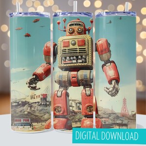 May include: A sublimation design featuring a vintage-style robot with red, yellow, and brown accents. The robot is standing in front of a cityscape with a blue sky and white clouds. The design is perfect for a tumbler or other sublimation projects.