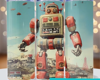 Robot jouet vintage 20 oz, modèles de gobelet à sublimation, âge atomique 9,3 x 8,2 po. Wrap PNG, design par sublimation PNG et PDF