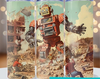 Robot jouet vintage 20 oz, modèles de gobelet à sublimation, âge atomique 9,3 x 8,2 po. Wrap PNG, design par sublimation PNG et PDF