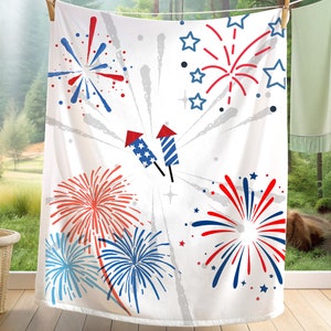 Patriotic Velveteen Blanket with Fireworks Red White Blue USA Throw 4th of July Decor