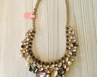 Vintage statement gold tone bib necklace with blush and pearl stones