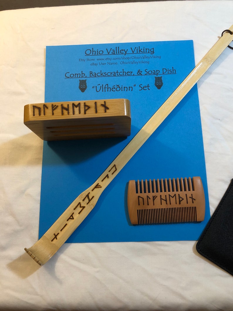 Beard Comb, Soap Dish, and Back Scratcher Inscribed With Elder Futhark