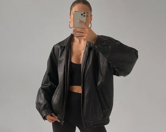Vintage zwarte leren jas jaren 1990 vrouwen oversized leren jas retro jas dames oversize jas jaren 90 bomberjack cadeau voor haar