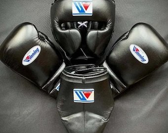 Ensemble de boxe gagnant personnalisé fait main de qualité supérieure, 100 % cuir, gants de boxe gagnants, protège-tête et protection de l'aine, cadeau pour lui