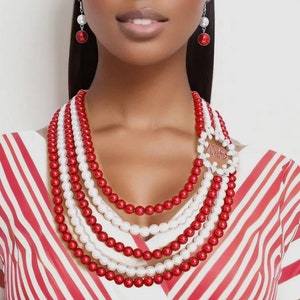 Delta Sigma Theta Red White Pearl Necklace Earring Set