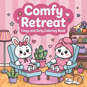 Könnte beinhalten: Farbenfrohe Illustration für ein Malbuchcover mit dem Titel "Comfy Retreat: Cozy and Girly Coloring Book". Das Cover zeigt zwei Cartoon-Hasen in rosa Bademänteln, die in Sesseln sitzen. Der Hintergrund ist rosa mit Sternen und Herzen.