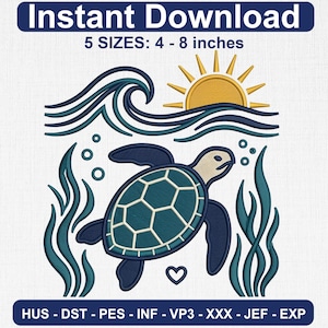 Könnte beinhalten: Ein Stickmuster mit einer Meeresschildkröte, die zwischen Seetang, Wellen und einer Sonne schwimmt. Der Text lautet: Instant Download, 5 SIZES: 10 - 20 cm, HUS - DST - PES - INF - VP3 - XXX - JEF - EXP. Die Schildkröte ist blaugrün und dunkelblau.