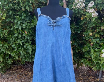 Western Denim Dress With Ruffles | Sleeveless Denim Dress | Vintage Denim Dress With Sweetheart Neckline | 100% Cotton Dress Size Large