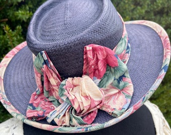 Vintage Blue Floral Springtime Hat | Vacation Sun Hat | Cottagecore Gardening Wide Brim Hat