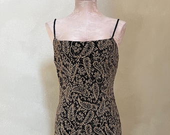 Vintage Black And Gold Paisley Print Dress | Stunning 70s Style Print Bodycon Dress