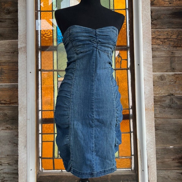 Western Denim Ruched Short Bodycon Dress | Vintage Denim Wash Strapless Dress | y2k Sexy Cowgirl Dress