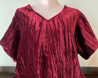 Red Velvet Holiday Blouse | Crushed Velvet Top | 90s Velvet Blouse | Burgundy Velvet Short Sleeve Top