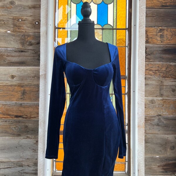 Romantic Blue Velvet Dress Size M | Vintage Mid-Length Royal Blue Dress | Square Neck Long Sleeve Formal Dress