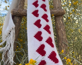 Cute Hand Knit Heart Scarf | Cottagecore Scarf With Tassels | Lightweight Scarf For Spring