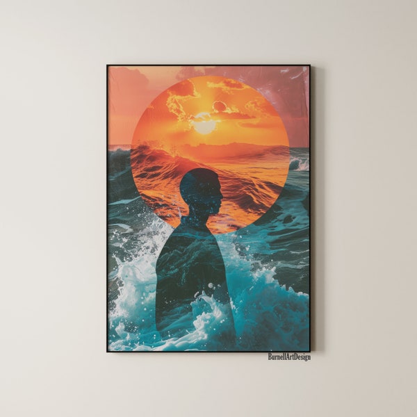 Farbenfrohes Ozean Poster Profilansicht Studentenzimmer Wandbild, modernes Jugendzimmer, Sonnenuntergang Wanddekoration goldene stunde