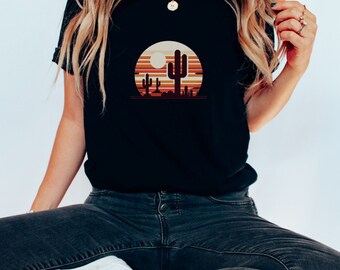 Desert Sunset T Shirt, Cotton T Shirt, Graphic T Shirt, Cactus Tee, Cacti, Clothing and Apparel, T Shirt Shop, Retro T Shirt, 70's T Shirt