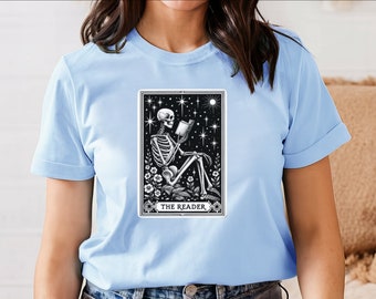 The Reader Tarot Card T Shirt, Bookworm, Graphic T Shirt, Cotton T Shirt, T Shirt, Skeleton, Book Lover, Skeleton Lover, Reading, Apparel