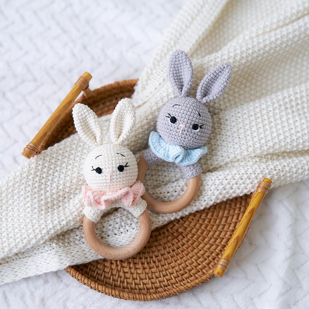 Baby Gift Rattle Toy & Teether Handcraft Wooden Bunny Rattle Teether ...