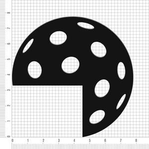 May include: Black, quartered sphere with white circular cutouts, resembling a sports ball. The design is set against a grid background, with numbers along the edges. The sphere's shape is defined by a 90-degree cut.