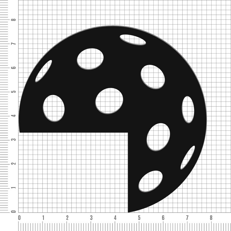 May include: Black, quartered sphere with white circular cutouts, resembling a sports ball. The design is set against a grid background, with numbers along the edges. The sphere's shape is defined by a 90-degree cut.