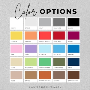 Peut inclure: Un nuancier avec les mots "Options de couleur" en noir. Le tableau affiche une grille d'&eacute;chantillons de couleurs, dont le blanc, le gris, le noir, le jaune, l'orange, le rouge, le rose, le violet, le bleu, le vert, le beige, le marron, etc. L'URL de la boutique Etsy est en bas.