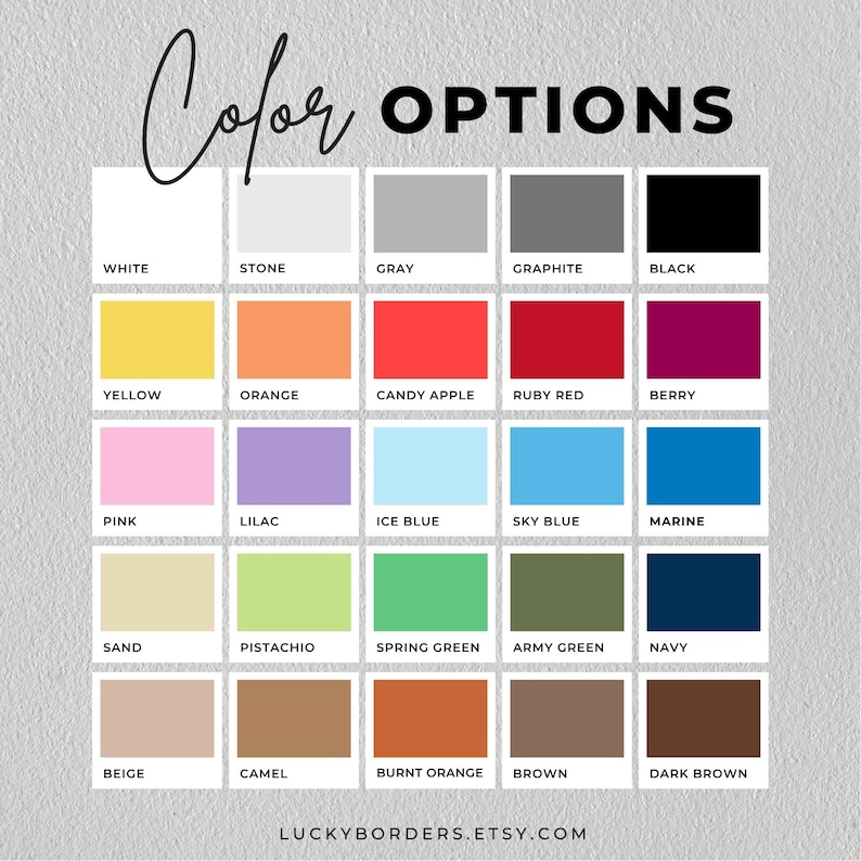 Peut inclure: Un nuancier avec les mots "Options de couleur" en noir. Le tableau affiche une grille d'&eacute;chantillons de couleurs, dont le blanc, le gris, le noir, le jaune, l'orange, le rouge, le rose, le violet, le bleu, le vert, le beige, le marron, etc. L'URL de la boutique Etsy est en bas.