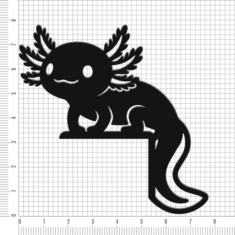 Peut inclure: Silhouette noire d'axolotl avec des branchies d&eacute;taill&eacute;es et une queue incurv&eacute;e. L'axolotl est positionn&eacute; sur une grille, mettant en valeur ses caract&eacute;ristiques uniques de salamandre aquatique. Le design est une repr&eacute;sentation graphique minimaliste de la cr&eacute;ature.