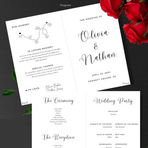 May include: A wedding program with a white background and black text. The front cover reads "The Wedding of Olivia & Nathan, April 22, 2023, Kennett Square, PA." Inside are details of the ceremony and reception.