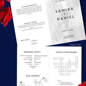 May include: A wedding program with the names Samira and Daniel, and the date June 15, 2024. The program includes sections for the wedding party, a couple's crossword, and a timeline of the couple's journey. Red roses are in the corners.
