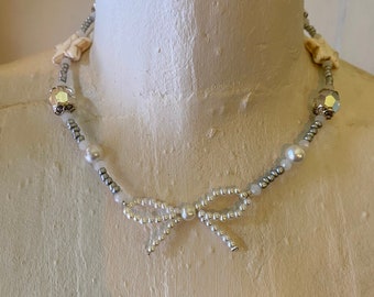 pearl bow necklace with vintage crystals