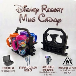 May include: A black plastic Disney Resort Mug Caddy with a handle, designed to hold multiple mugs. The caddy features a foldable design, a straw and cutlery holder, reinforced metal hardware, and is constructed from heat-resistant PETG material.