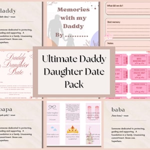 May include: A collection of pink and cream-colored stationery items, including a Daddy Daughter Date Pack. The pack includes cards with definitions of "daddy" and "papa", memory prompts, and date night coupons. The text "Ultimate Daddy Daughter Date Pack" is prominently displayed.