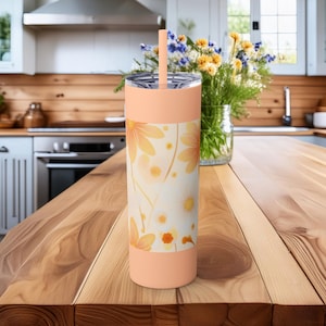 Orange Wildflower Skinny Steel Tumbler w/ Straw | Flower Tumbler | Floral Tumbler | Pretty Tumbler Gift | Gift for Her | Drink Tumbler