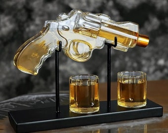 Revolver Whiskey Decanter Set – Authentic Wild West Glass Pistol, Includes 2 Bullet Shot Glasses, for Liquor, Alcohol, Groomsmen Gifts