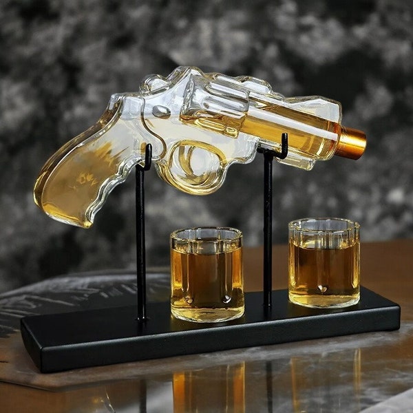 Revolver Whiskey Decanter Set – Authentic Wild West Glass Pistol, Includes 2 Bullet Shot Glasses, for Liquor, Alcohol, Groomsmen Gifts