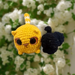 Könnte beinhalten: Zwei handgefertigte Amigurumi-Spielzeuge: eine gelbe gehäkelte Katze mit großen Augen und ein schwarzer gehäkelter Hund. Die Katze hat einen gestreiften Schwanz. Sie sind vor einem verschwommenen Hintergrund aus weißen Blumen platziert.