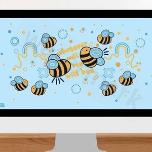 Può includere: Uno sfondo desktop blu con un motivo ripetitivo di api gialle e nere. Il testo "whatever will bee will bee" è scritto in lettere gialle e nere.