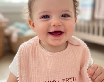 Organic Cotton Baby Bib | Embroidered Trim, Adjustable Snaps